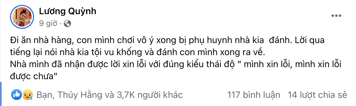Con trai 8 tuổi bị đánh và vu khống trong nhà hàng, Quỳnh Lương ngồi khóc cả buổi tối, vội chia sẻ lên MXH ngay trong đêm - Ảnh 1. Con trai 8 tuổi bị đánh và vu khống trong nhà hàng, Quỳnh Lương ngồi khóc cả buổi tối, vội chia sẻ lên MXH ngay trong đêm - Ảnh 1.