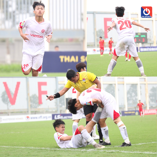 Hồng Kiên của U17 Viettel ăn mừng bàn thắng vào lưới Hà Tĩnh xong bị chuột rút và phải rời sân