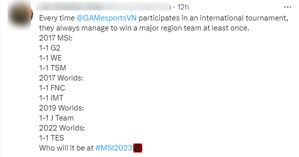 GAM luôn đánh bại ít nhất 1 đội thuộc nhóm Major mỗi khi thi đấu quốc tế - nguồn: Twitter