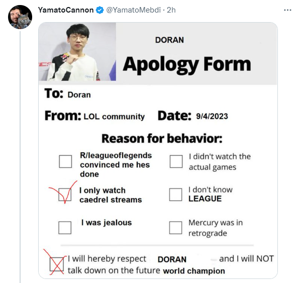 YamatoCannon thậm chí còn làm cả đơn xin lỗi Doran - nguồn: Twitter