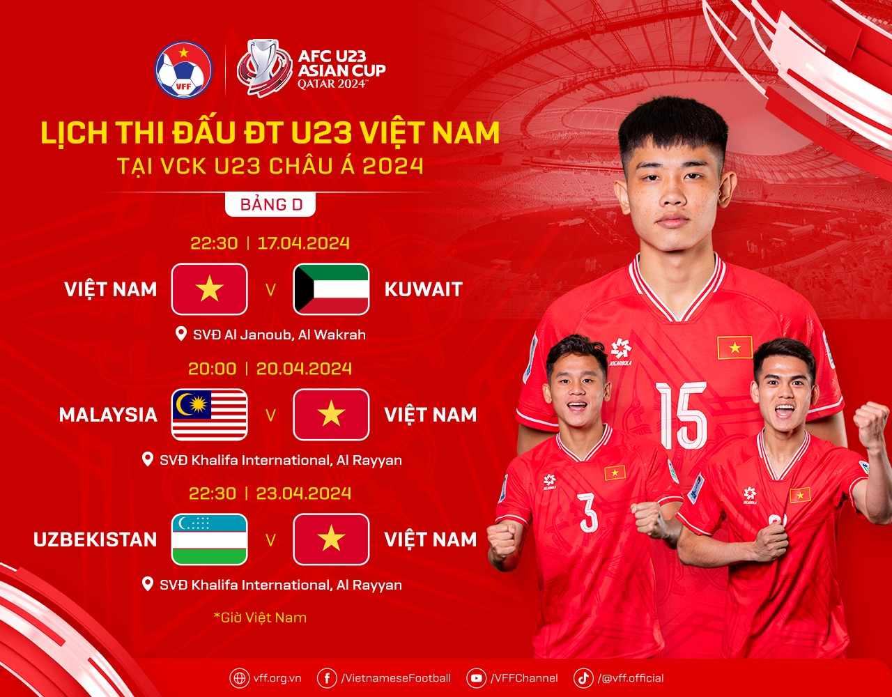 Lịch thi đấu và trực tiếp bóng đá U23 Việt Nam tại VCK U23 châu Á