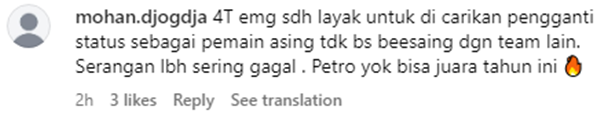 Một CĐV cho rằng HLV Gresik Petrokimia cần tìm một ngoại binh khác thay thế Thanh Thúy