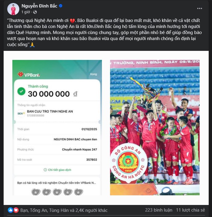 Đình Bắc và vợ chồng Quang Hải ủng hộ đồng bào bị ảnh hưởng bởi bão số 10 - Ảnh 1.