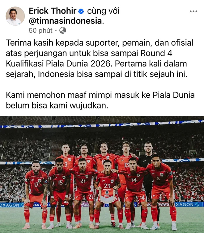 Sếp lớn Indonesia xin lỗi người hâm mộ nước nhà vì lỡ hẹn World Cup 2026 - Ảnh 1.