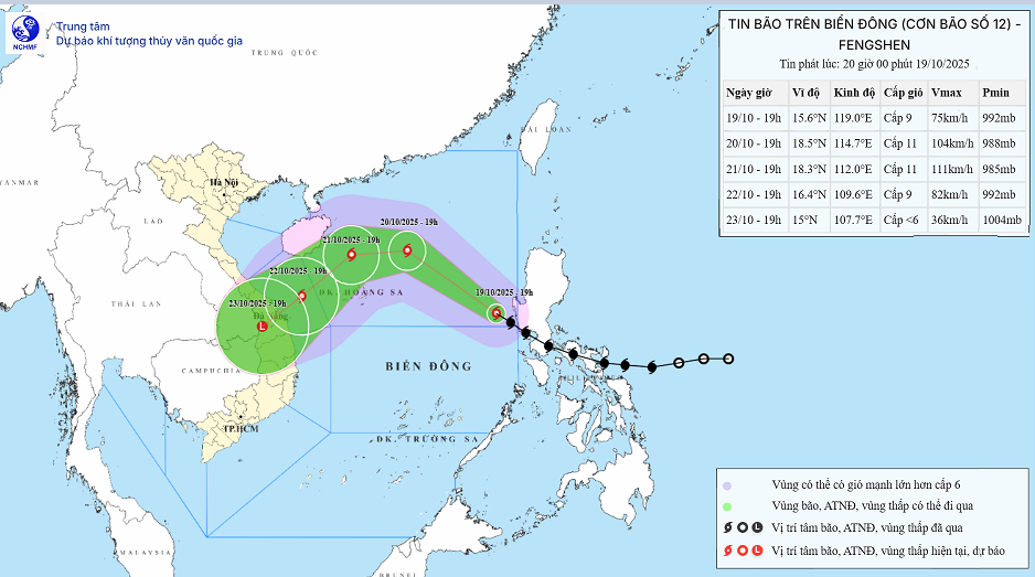 Tin bão trên biển Đông: Cơn bão số 12 (FENGSHEN) lúc 20h ngày 19/10 - Ảnh 1.