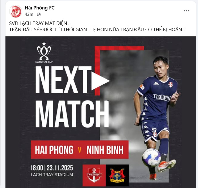 Trận Hải Phòng vs Ninh Bình bị lùi 1 giờ vì sự cố bất ngờ - Ảnh 1.