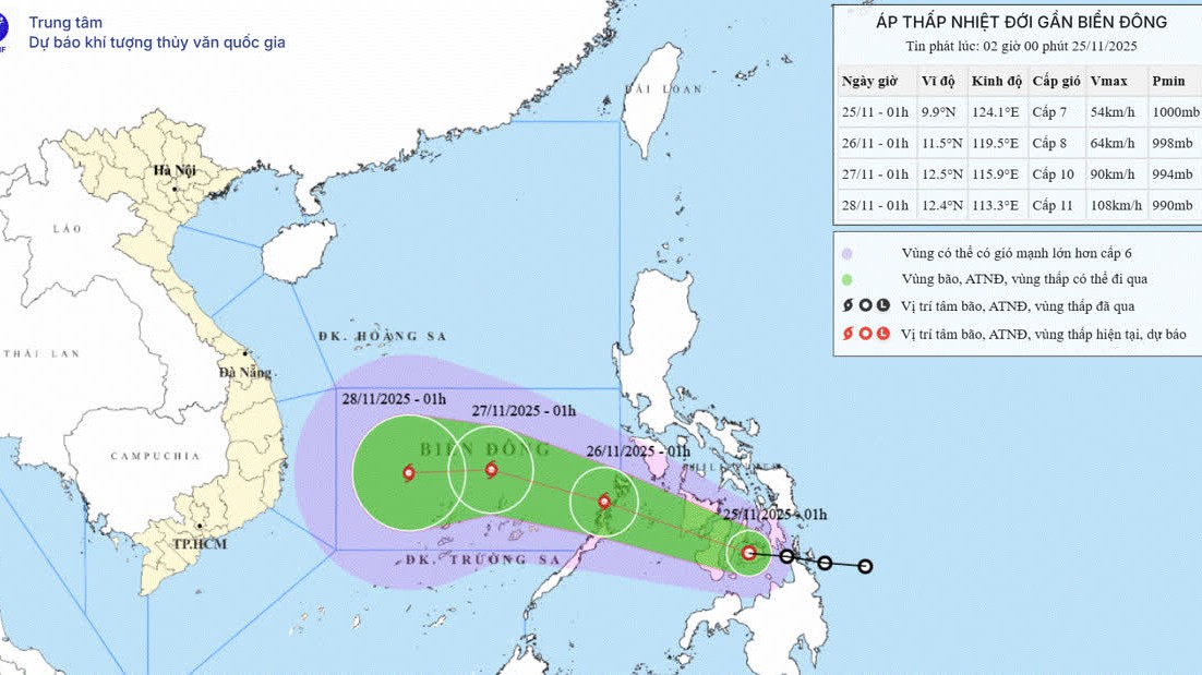 Dự báo 1 giờ 26/11, áp thấp nhiệt đới có khả năng đi vào Biển Đông, mạnh lên thành bão