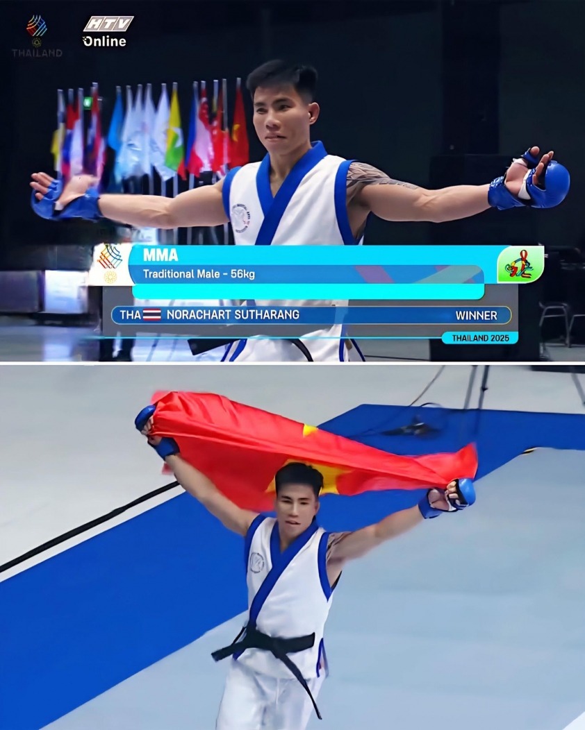 Thua tức tưởi, võ sĩ Việt Nam vẫn được khen ngợi khi cầm cờ Việt Nam chạy khắp sàn đấu - Ảnh 1. Thua tức tưởi, võ sĩ Việt Nam vẫn được khen ngợi khi cầm cờ Việt Nam chạy khắp sàn đấu - Ảnh 1.