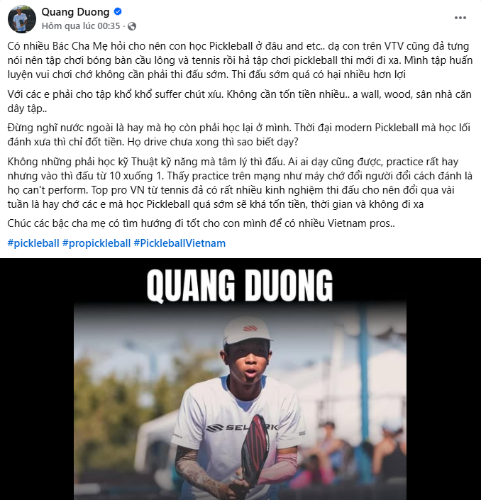 Quang Dương gây bão dư luận với lời khuyên: Học tennis trước khi theo pickleball - Ảnh 1.