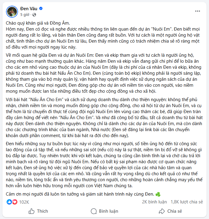 Đen Vâu ủng hộ xử lý đến cùng nếu dự án thiện nguyên "Nuôi em" có sai phạm - Ảnh 1. Đen Vâu ủng hộ xử lý đến cùng nếu dự án thiện nguyên "Nuôi em" có sai phạm - Ảnh 1.