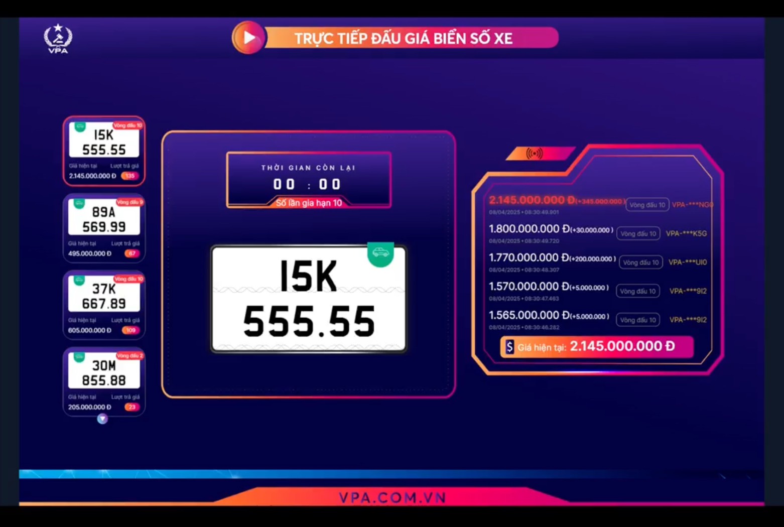BIỂN SỐ 15K – 555.55 ĐÃ ĐƯỢC ĐẤU GIÁ 2.145.000.000 VNĐ