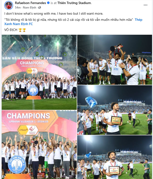 Xuân Son hân hoan trong ngày Nam Định ăn mừng chức vô địch V-League, bày tỏ dòng trạng thái đặc biệt - Ảnh 1. Xuân Son hân hoan trong ngày Nam Định ăn mừng chức vô địch V-League, bày tỏ dòng trạng thái đặc biệt - Ảnh 1.