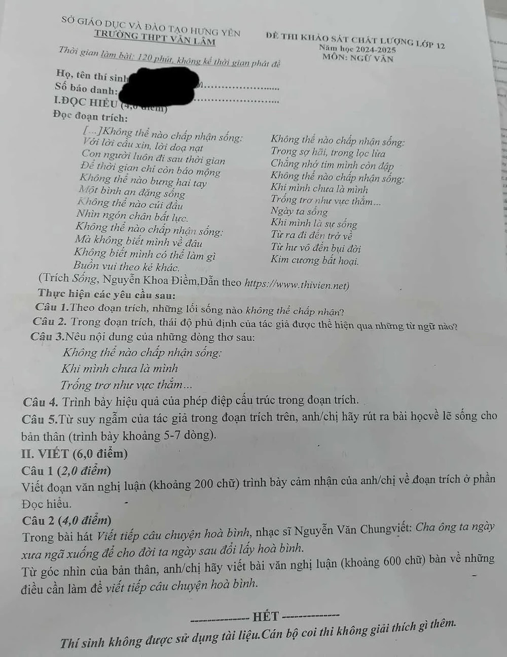 Lời ca khúc của nhạc sĩ Nguyễn Văn Chung vào đề thi Ngữ văn lớp 10 chuyên Quốc Học Huế - Ảnh 5.