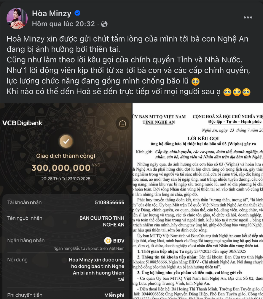 Hoà Minzy, Tuấn Cry,... cùng nhiều nghệ sĩ Việt ủng hộ đồng bào Nghệ An bị thiệt hại sau bão số 3 - Ảnh 2.
