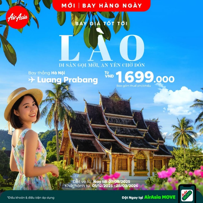 AirAsia khai thác đường bay thẳng &quot;Hà Nội – Luang Prabang&quot;, tần suất hằng ngày với Thương Quyền Năm - Ảnh 1.