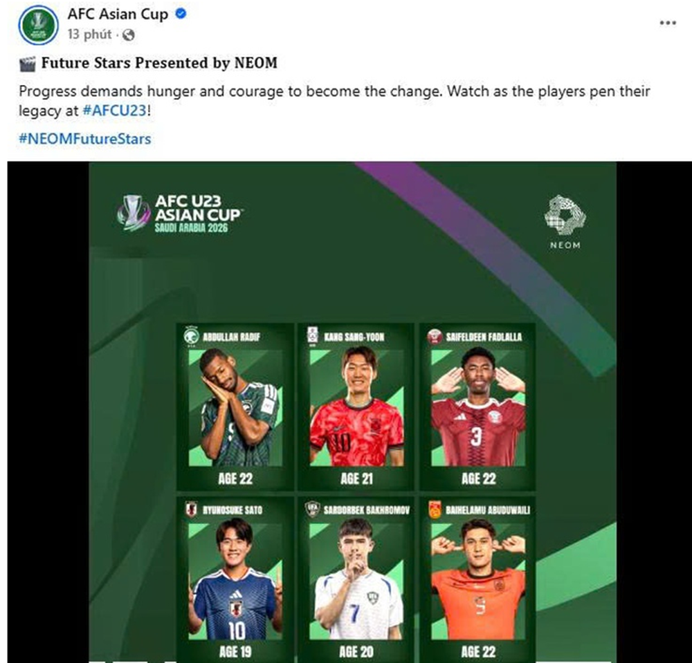 Fanpage của AFC giới thiệu 6 cầu thủ triển vọng của VCK U23 Châu Á 2026 nhưng không có Đình Bắc