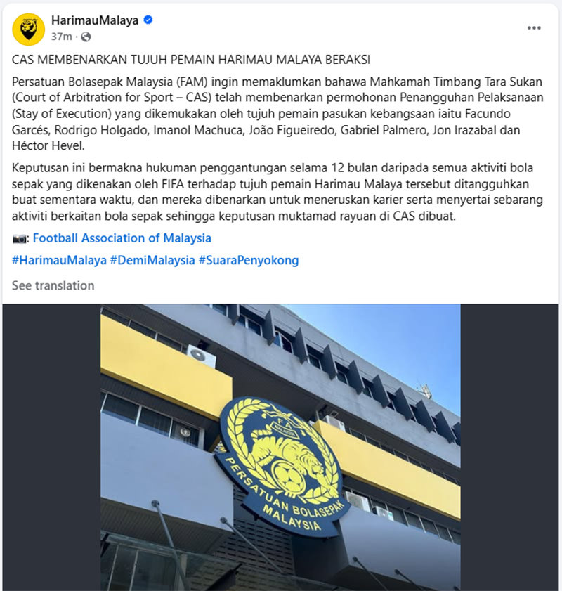 CHÍNH THỨC: CAS cho phép 7 cầu thủ nhập tịch của Malaysia tạm thời trở lại sân cỏ - Ảnh 1.