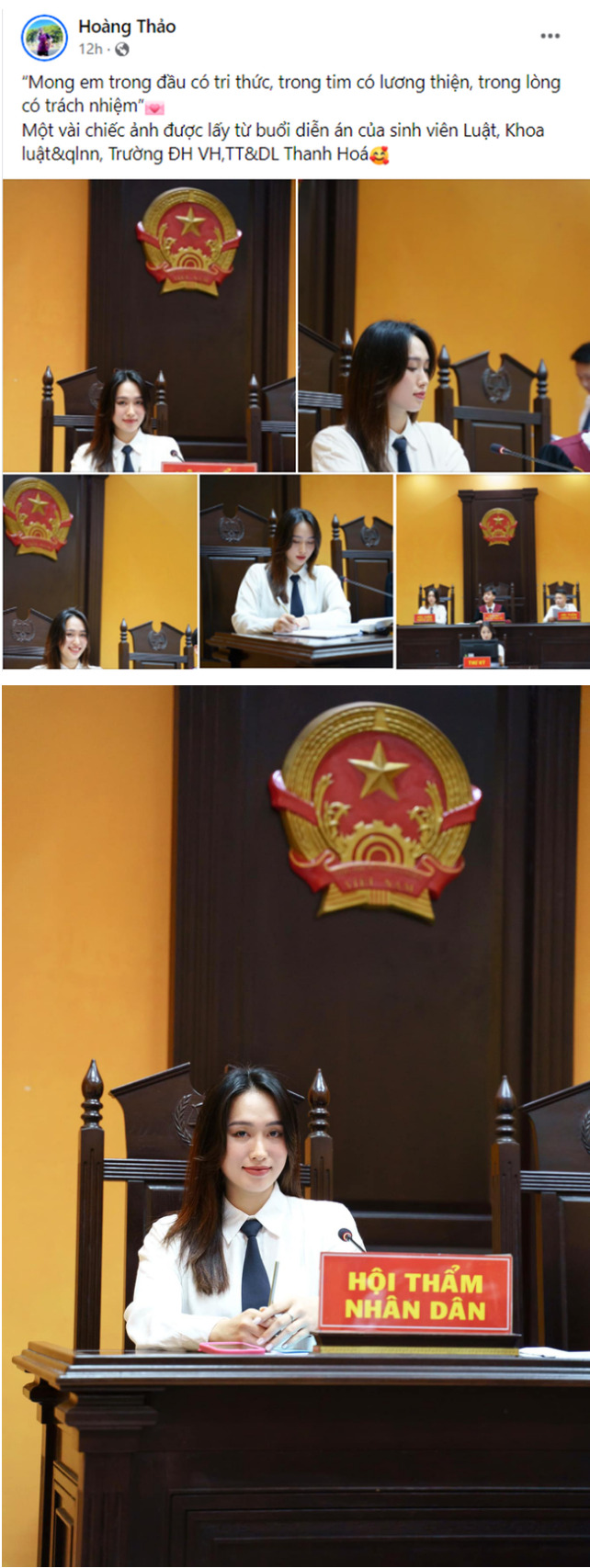 Hoàng Thị Thảo đã chia sẻ hình ảnh cô tham gia một buổi diễn án với dòng trạng thái: "Buổi diễn án của sinh viên khoa Luật và Quản lý Nhà nước, Trường Đại học Văn hóa, Thể thao và Du lịch Thanh Hóa".