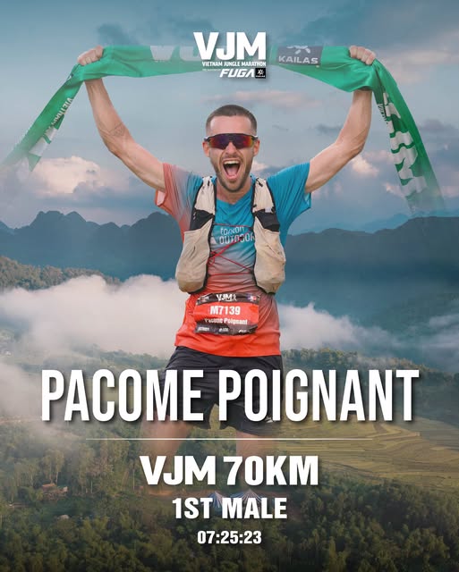 Vận động viên người Pháp Pacome Poignant đã giành chức vô địch cự ly 70km tại Vietnam Jungle Marathon 2026. Ảnh: BTC Vận động viên người Pháp Pacome Poignant đã giành chức vô địch cự ly 70km tại Vietnam Jungle Marathon 2026. Ảnh: BTC