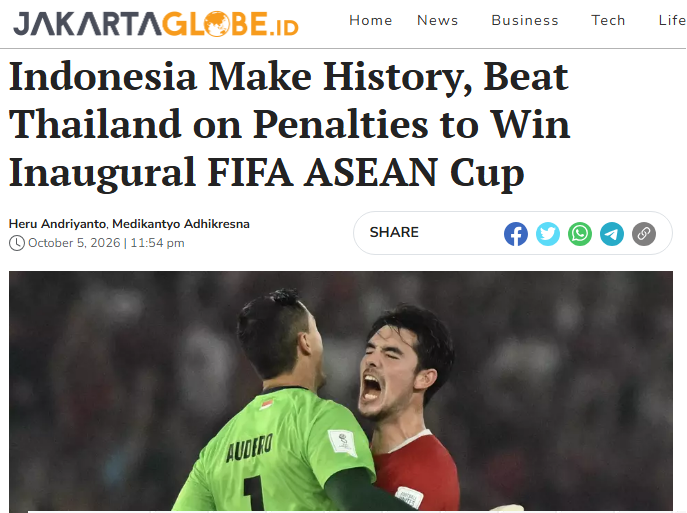 Báo Indonesia hết lời ca ngợi đội nhà sau khi vượt qua tuyển Thái Lan để lên ngôi vô địch FIFA ASEAN Cup - Ảnh 1. Báo Indonesia hết lời ca ngợi đội nhà sau khi vượt qua tuyển Thái Lan để lên ngôi vô địch FIFA ASEAN Cup - Ảnh 1.