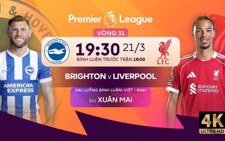 TRỰC TIẾP bóng đá Brighton vs Liverpool (19h30, 21/3), vòng 31 Ngoại hạng Anh 2026