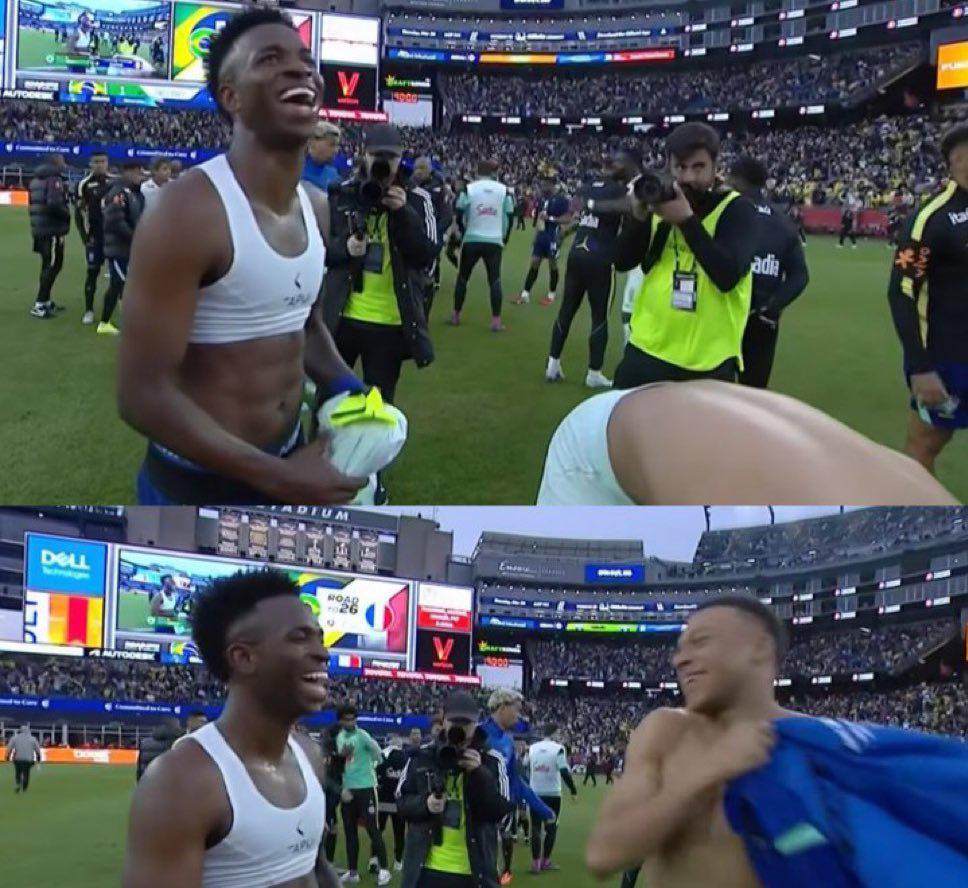 Vinicius bị bắt gặp cười đùa với Mbappe sau trận Brazil thua Pháp 1-2