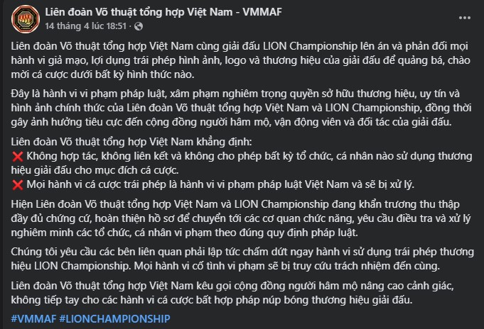VMMAF cảnh báo khẩn về website giả mạo, sử dụng dữ liệu giải MMA trong nước để cá cược trái phép - Ảnh 1.