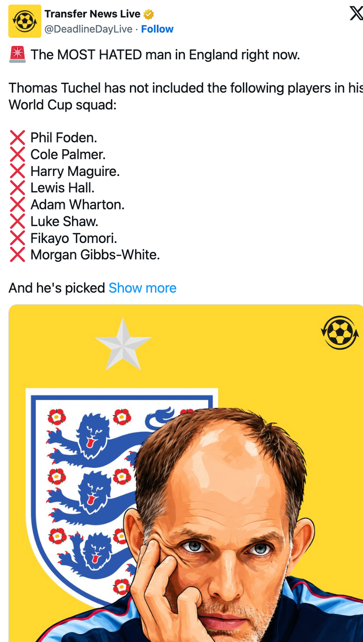 Người hâm mộ Anh phản ứng dữ dội với đội hình dự World Cup 2026 của Thomas Tuchel - Ảnh 2. Người hâm mộ Anh phản ứng dữ dội với đội hình dự World Cup 2026 của Thomas Tuchel - Ảnh 2.