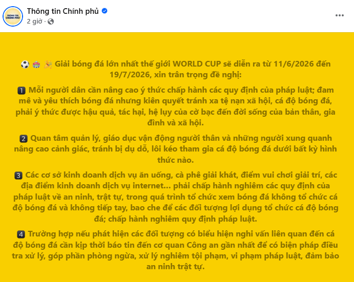 4 cảnh báo từ fanpage Chính phủ mùa World Cup 2026: 'Đam mê bóng đá nhưng phải tránh xa tệ nạn' - Ảnh 1. 4 cảnh báo từ fanpage Chính phủ mùa World Cup 2026: 'Đam mê bóng đá nhưng phải tránh xa tệ nạn' - Ảnh 1.
