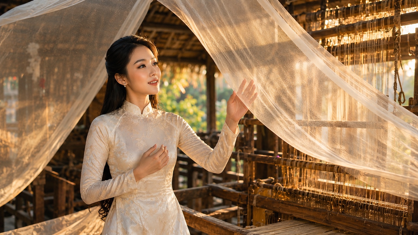 Ứng dụng công nghệ AI làm MV “Áo dài Việt Nam” - Ảnh 1. C:\Users\ADMIN\Pictures\AIT ben khung cui det vai 2.png