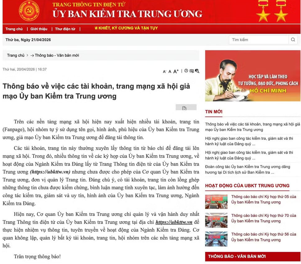Cảnh giác với các fanpage giả mạo Ủy ban Kiểm tra Trung ương - Ảnh 1.