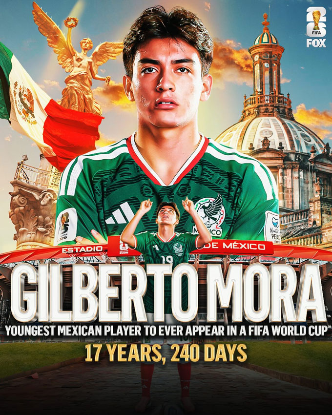 World Cup 2026 đã chứng kiến một cột mốc đáng nhớ của bóng đá Mexico khi tài năng trẻ Gilberto Mora trở thành cầu thủ trẻ nhất lịch sử nước này ra sân thi đấu tại một kỳ World Cup. Ảnh: Fox Sports