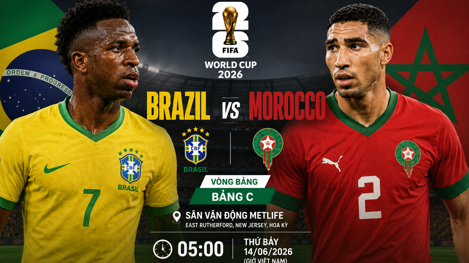 VTV6 VTV3 trực tiếp bóng đá Brazil vs Morocco 05h00 hôm nay, bảng B World Cup 2026