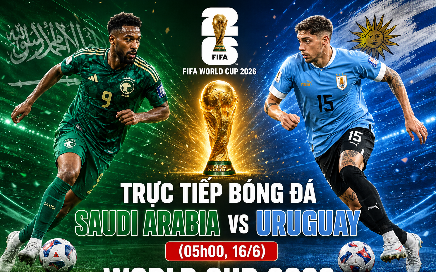 TRỰC TIẾP bóng đá Saudi Arabia vs Uruguay 05h00 ngày 16/6, bảng H World Cup 2026