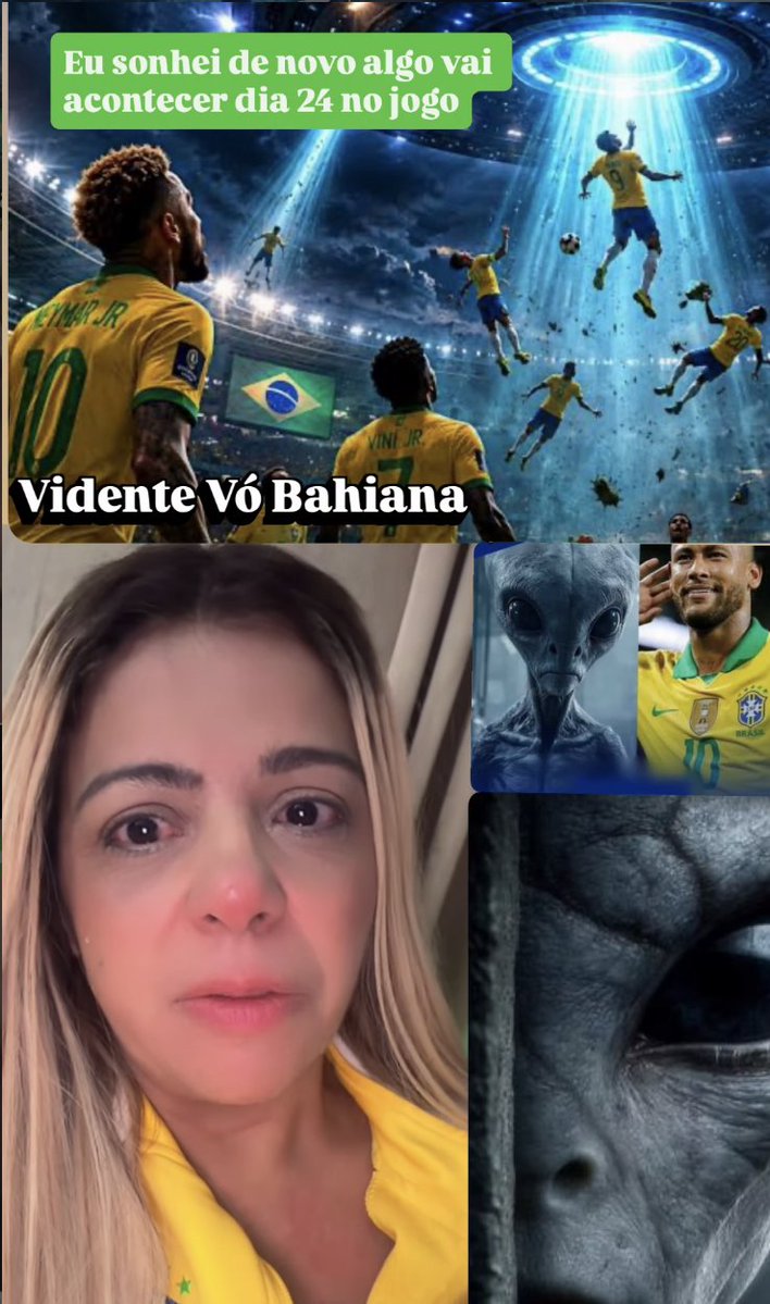 Một dự đoán kỳ lạ đang gây xôn xao trên mạng xã hội khi nhà ngoại cảm người Brazil Vo Bahiana tuyên bố người ngoài hành tinh sẽ xuất hiện và nhắm tới trận đấu giữa Scotland gặp Brazil tại World Cup 2026. Ảnh Twitter Actu Foot