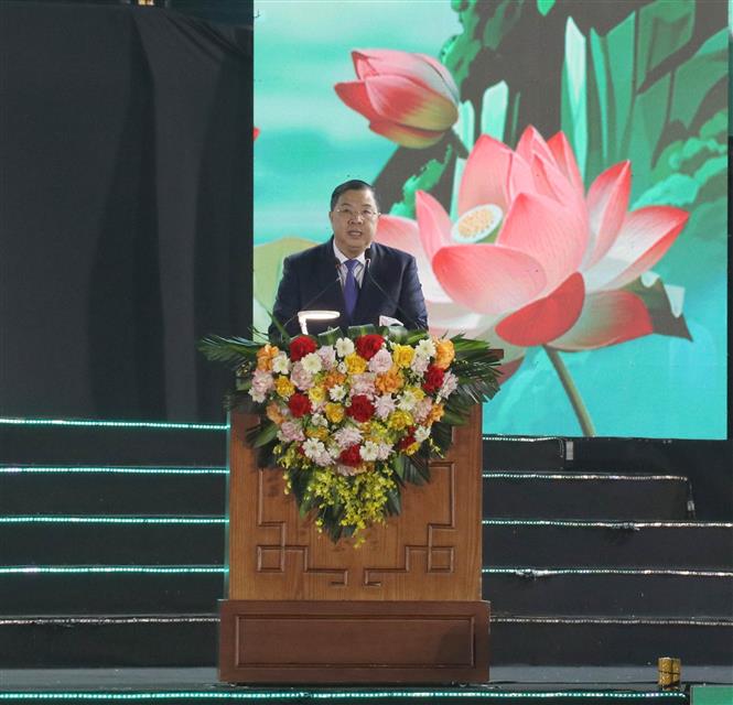 Đồng chí Phạm Gia Túc, Ủy viên Bộ Chính trị, Phó Thủ tướng Thường trực Chính phủ phát biểu tại khai mạc Lễ hội Hoa Lư năm 2026. Ảnh: Thùy Dung - TTXVN  