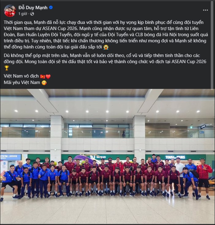 Duy Mạnh viết tâm thư khi chia tay ASEAN Cup 2026 vì chấn thương - Ảnh 1. Duy Mạnh viết tâm thư khi chia tay ASEAN Cup 2026 vì chấn thương - Ảnh 1.