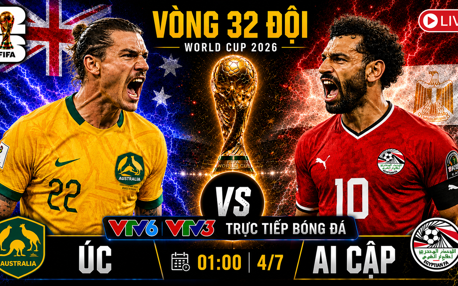 TRỰC TIẾP bóng đá Úc vs Ai Cập 1h00 hôm nay, vòng 32 đội World Cup 2026