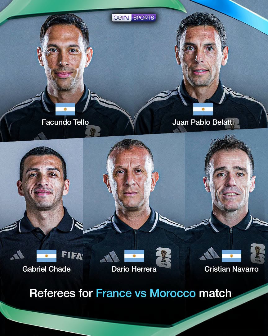 FIFA phân công tổ trọng tài gồm toàn bộ người Argentina điều hành trận Pháp - Ma rốc - Ảnh 1. FIFA phân công tổ trọng tài gồm toàn bộ người Argentina điều hành trận Pháp - Ma rốc - Ảnh 1.