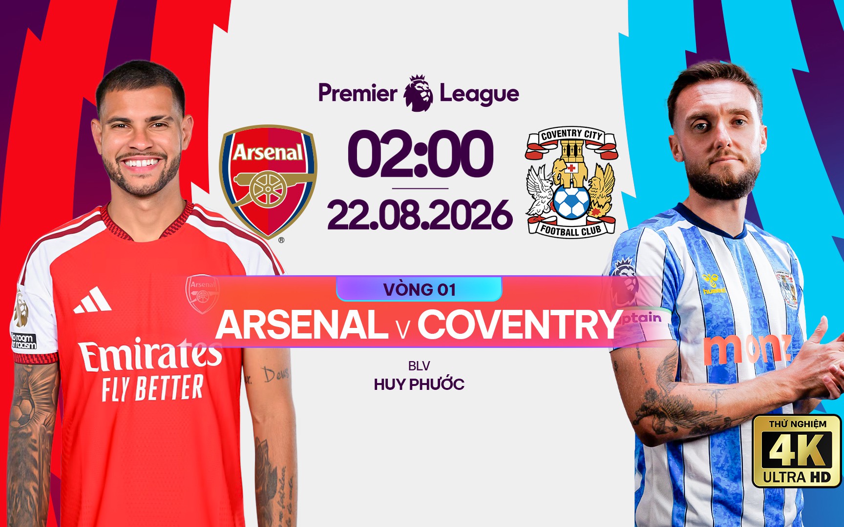 Link xem trực tiếp bóng đá Arsenal vs Coventry City 02h00 ngày 22/8, vòng 1 Ngoại hạng Anh