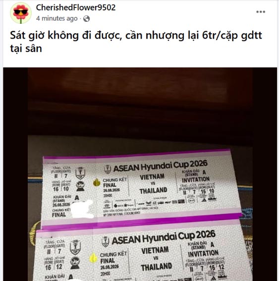 CẬP NHẬT giá vé chung kết ASEAN Cup 2026: Vé chợ đen chưa có dấu hiệu hạ nhiệt - Ảnh 1. CẬP NHẬT giá vé chung kết ASEAN Cup 2026: Vé chợ đen chưa có dấu hiệu hạ nhiệt - Ảnh 1.