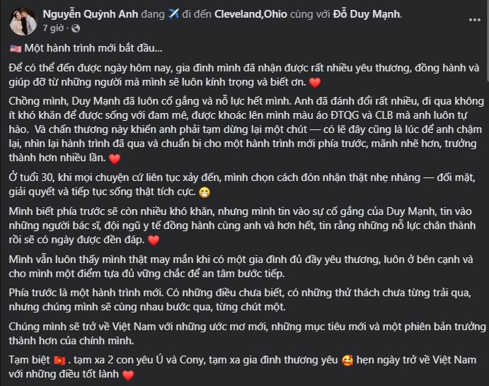 Vợ Duy Mạnh viết tâm thư trước hành trình sang Mỹ phẫu thuật của chồng - Ảnh 1. Vợ Duy Mạnh viết tâm thư trước hành trình sang Mỹ phẫu thuật của chồng - Ảnh 1.