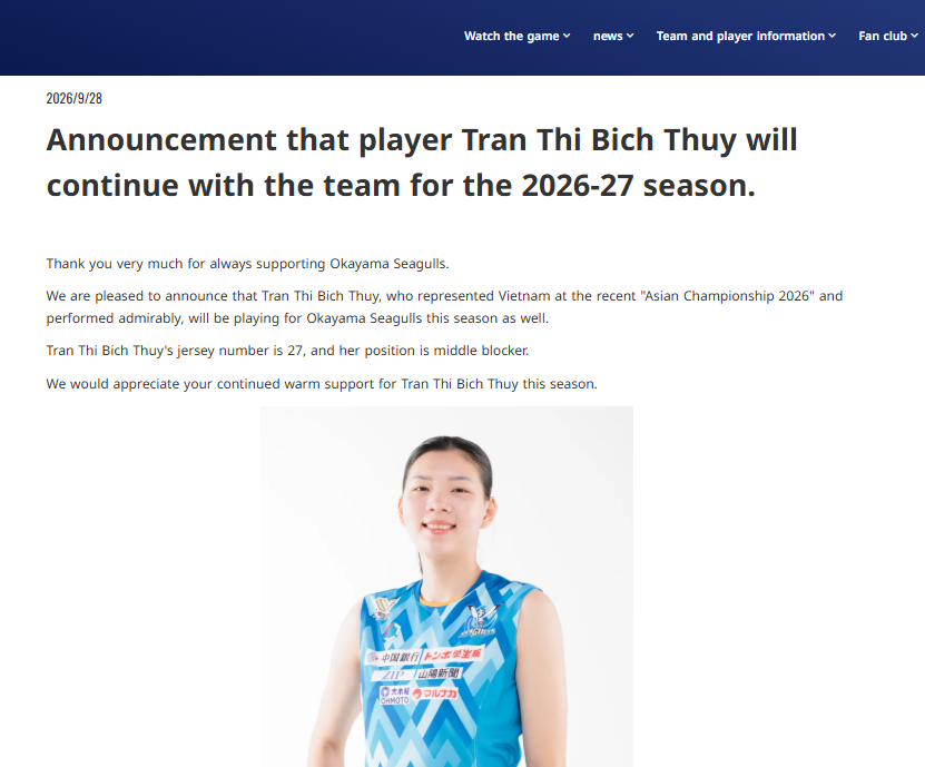 Phụ công bóng chuyền Việt Nam nhận tin vui từ của CLB Nhật Bản sau ASIAD 2026 - Ảnh 1. Phụ công bóng chuyền Việt Nam nhận tin vui từ của CLB Nhật Bản sau ASIAD 2026 - Ảnh 1.