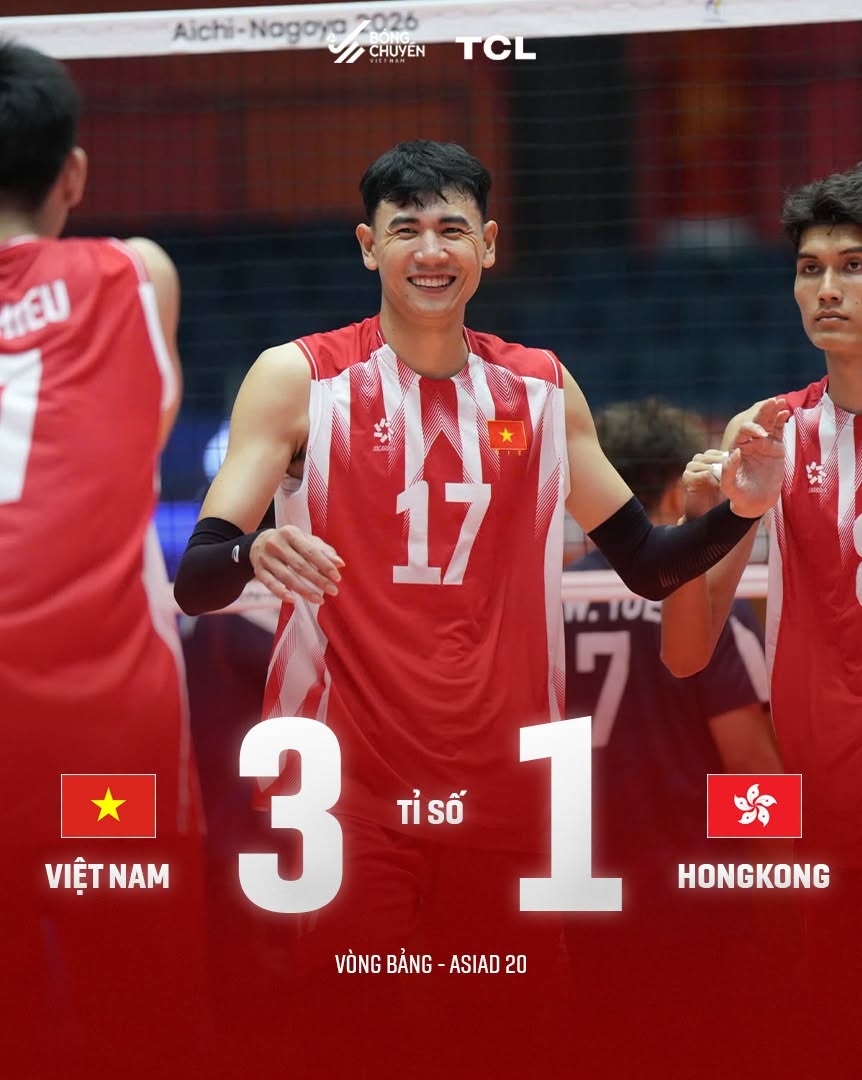 ĐT bóng chuyền nam Việt Nam giành thắng lợi đầu tiên ở ASIAD 2026 - Ảnh 1. ĐT bóng chuyền nam Việt Nam giành thắng lợi đầu tiên ở ASIAD 2026 - Ảnh 1.