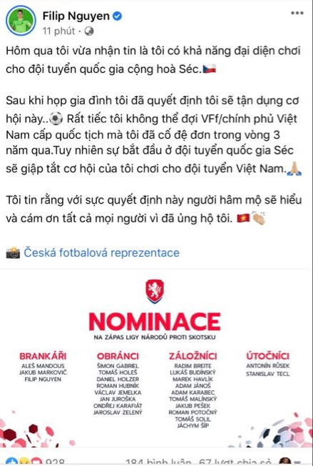 bóng đá Việt Nam, tin tức bóng đá, bong da, tin bong da, Filip Nguyễn, DTVN, Filip Nguyễn tập trung đội tuyển Séc, Park Hang Seo, VFF