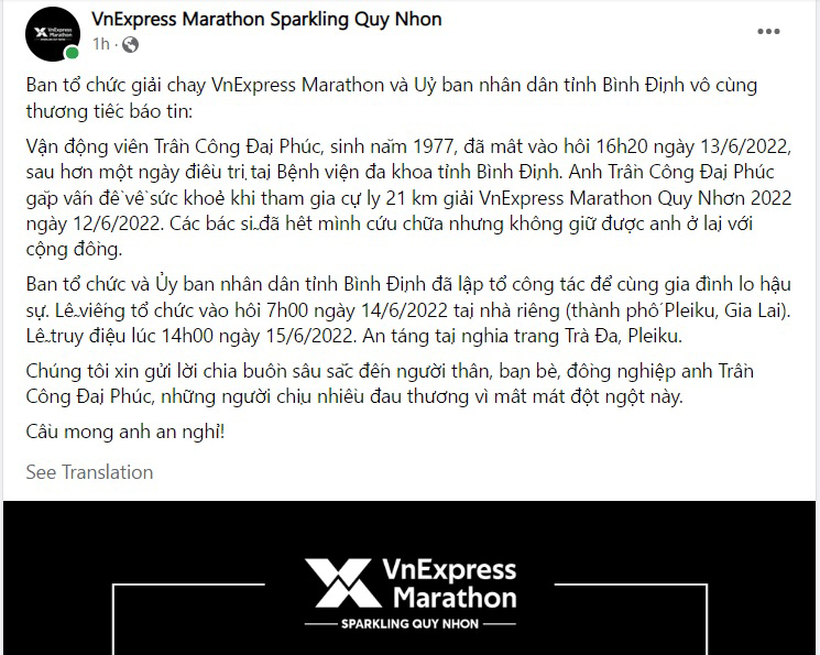 marathon, marathon Quy Nhơn 2022, VnExpress Marathon, tử vong ở marathon