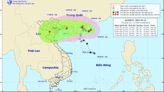 Đến 19 giờ ngày 16/8, vị trí tâm bão số 4 ở trên vùng biển các tỉnh từ Quảng Ninh đến Nam Định