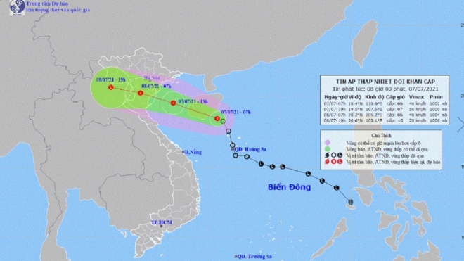 Cập nhật áp thấp nhiệt đới trên Biển Đông: Chiều 7/7 đi vào Vịnh Bắc Bộ và có khả năng mạnh thêm