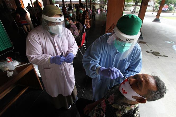 Trong ảnh: Nhân viên y tế lấy mẫu xét nghiệm COVID-19 tại Surakarta, Indonesia. Ảnh: THX/TTXVN