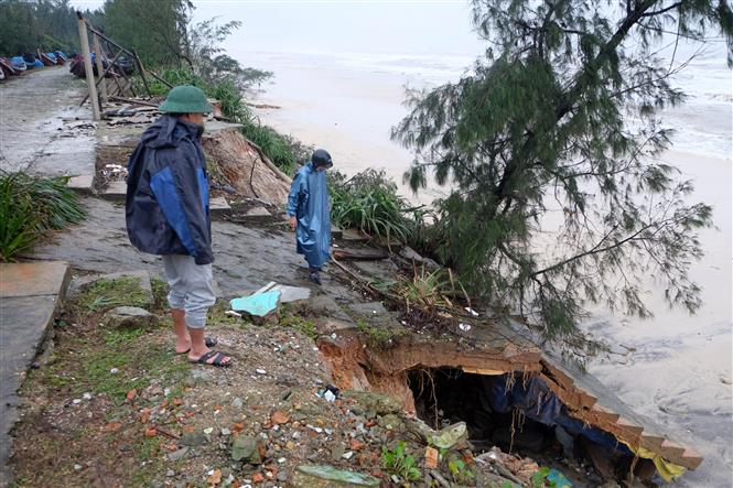 Hệ thống kè biển ở huyện Vĩnh Linh bị sạt lở do ảnh hưởng bão số 13. Ảnh: Hồ Cầu-TTXVN